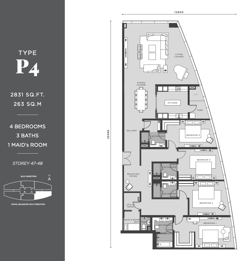 Eaton Residences KLCC Type P4 2831平方尺顶层公寓4卧室户型图