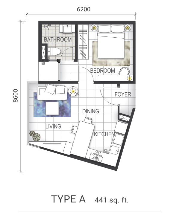 GEM Residences Type A 1 Bedroom Floor Plan