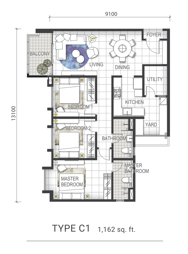 GEM Residences Type C1 3 Bedrooms Floor Plan