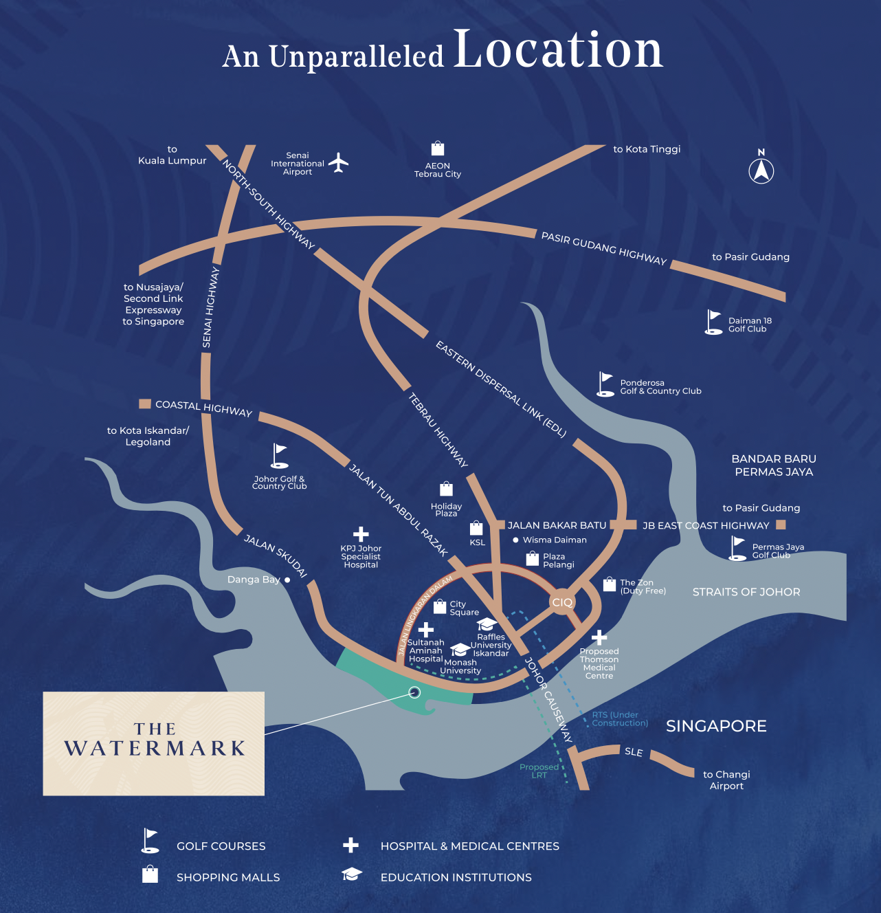 EXSIM Causewayz Square location map showing 660m link bridge walk to JB CIQ