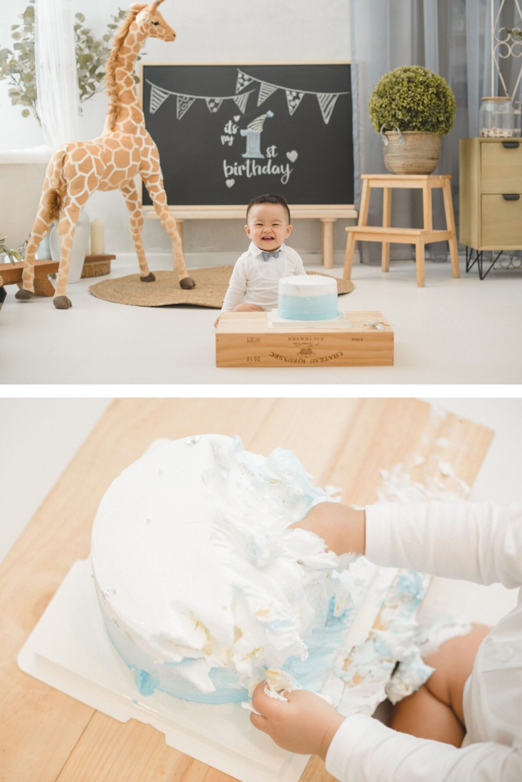 Cake smash photography with first birthday setup, giraffe prop, and smiling baby portrait