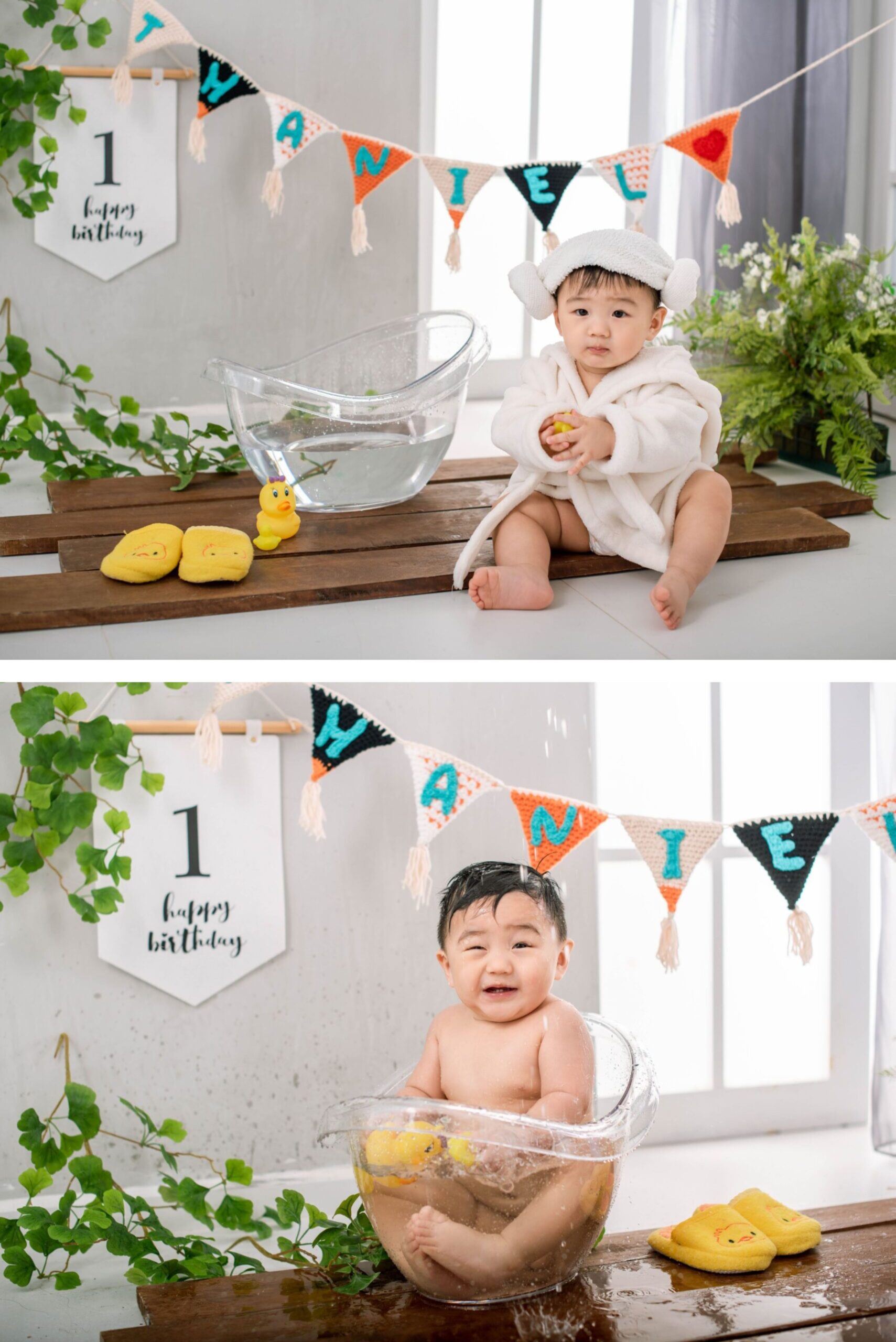 Cake smash and splash photography with one-year birthday bath setup