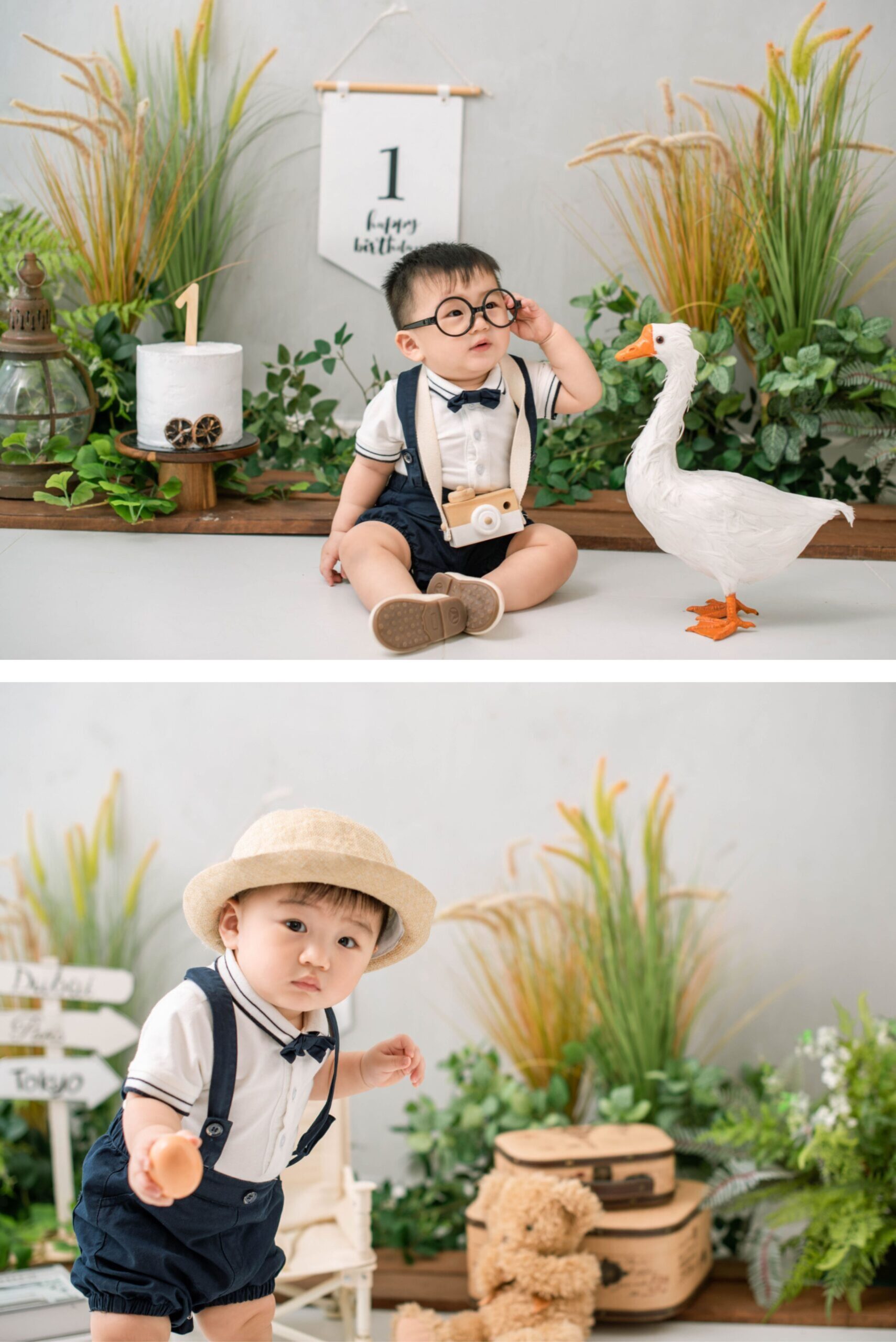 One-year cake smash session with baby in smart outfit and playful birthday props