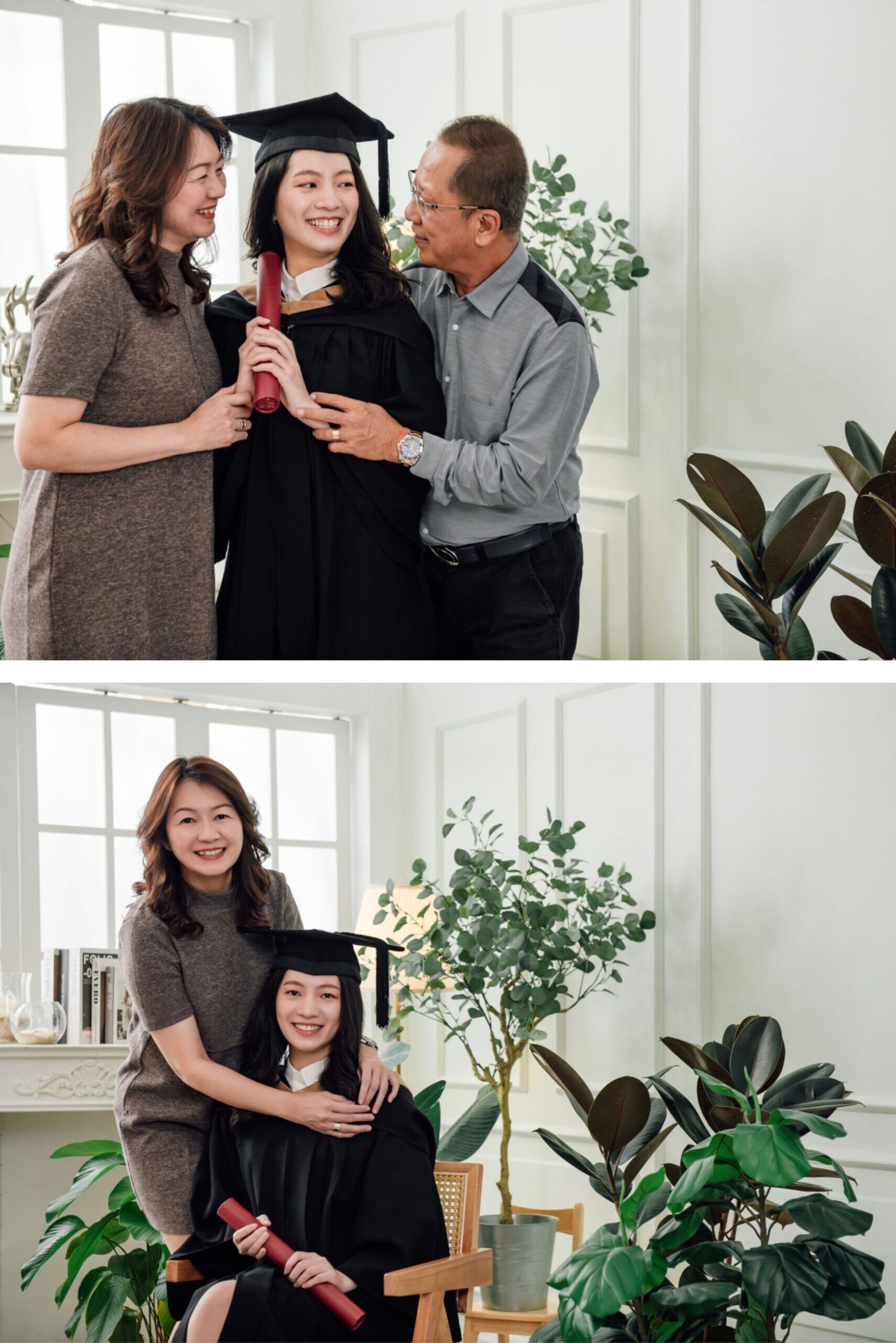 Graduation family portrait with parents celebrating daughter academic milestone
