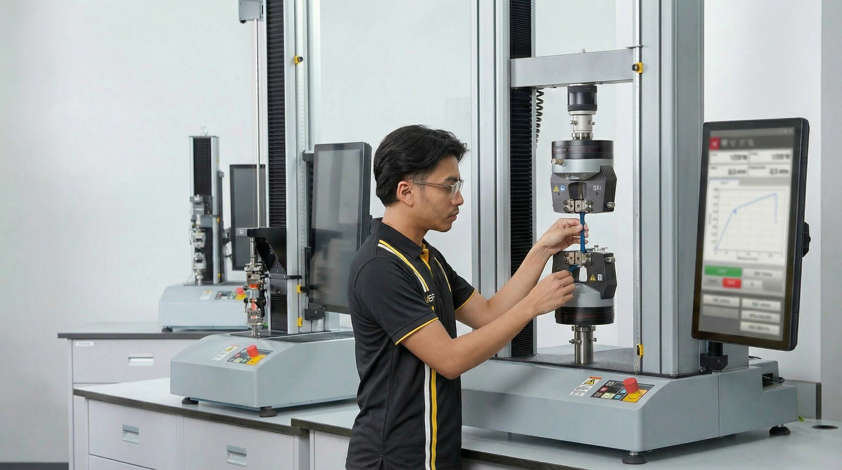 Universal testing machine calibration for force, displacement and strain measurement